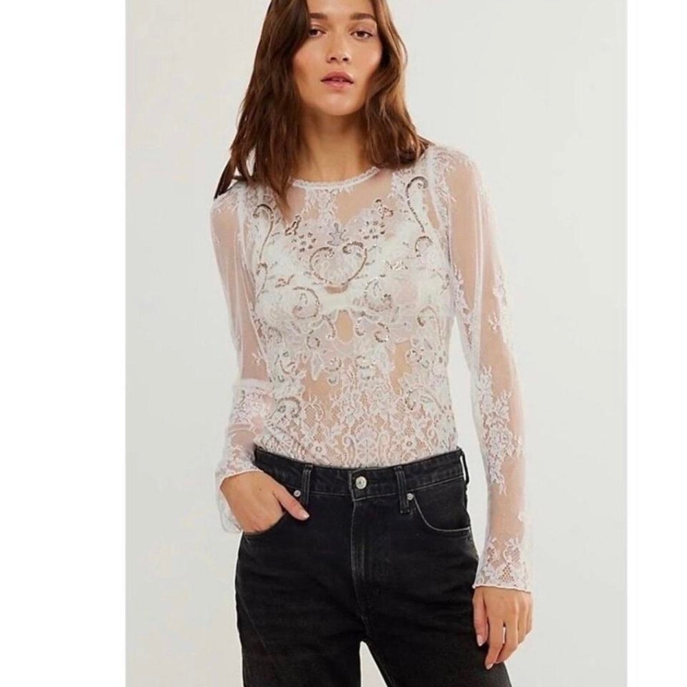 NWT Free People White Sheer Sequins & Lace Embroidered Long-Sleeve Bodysuit Top